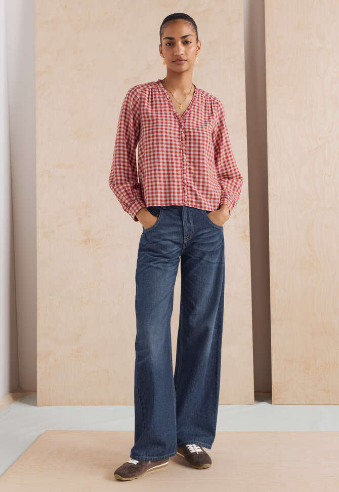 Vichy-Karo-Bluse mit R&uuml;schen, Beere/Orange, completeTheLook