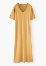 Kleid mit V-Ausschnitt, Sonnenscheingelb, webstill