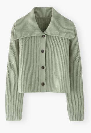 Ripp-Cardigan mit Kragen, Salbei, webstill