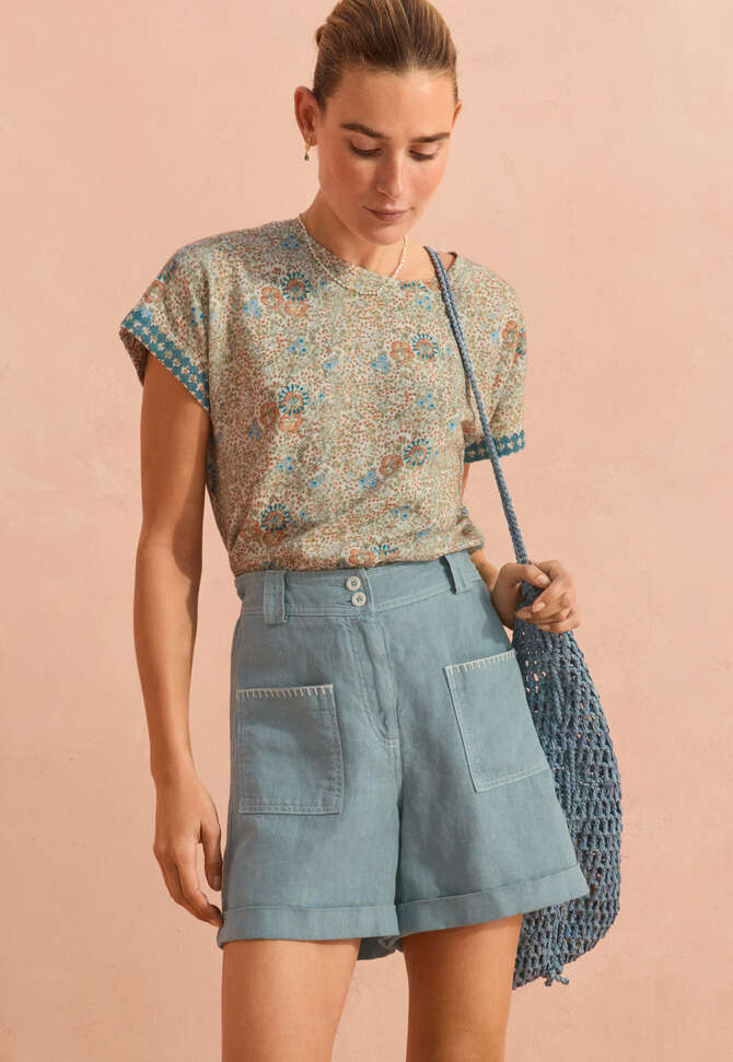 Print-Top mit Stickerei, Khaki/Rost, completeTheLook
