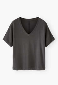 T-Shirt mit V-Ausschnitt, Kohlschwarz, webstill