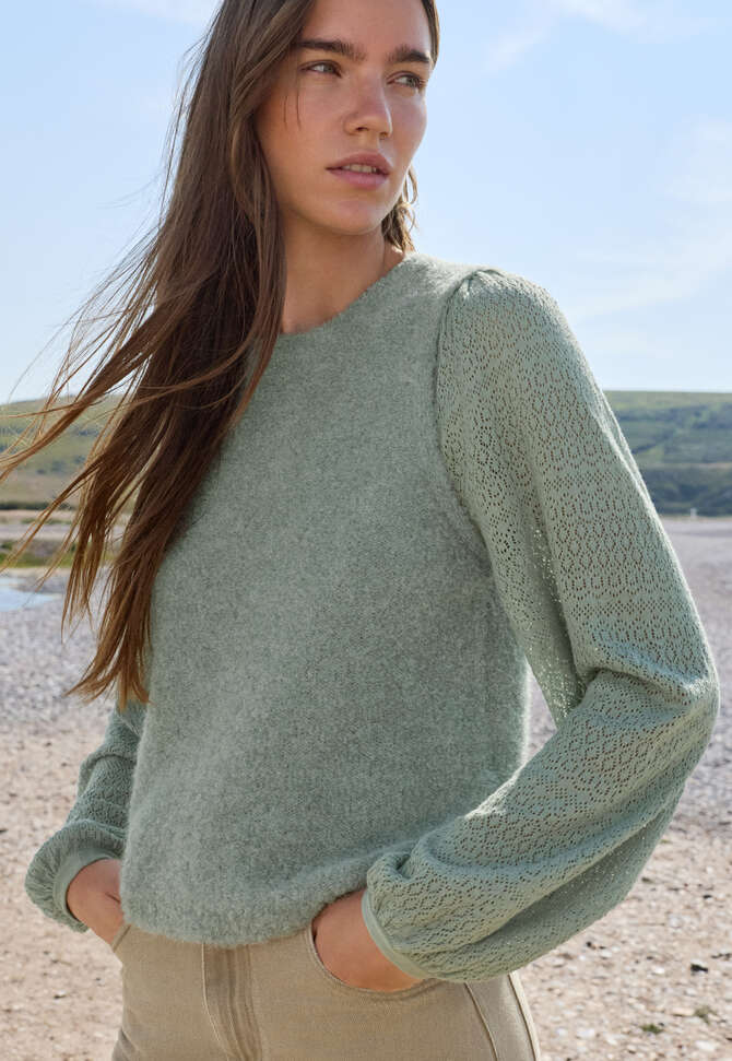 Pointelle-sleeve sweater, Duck egg, completeTheLook