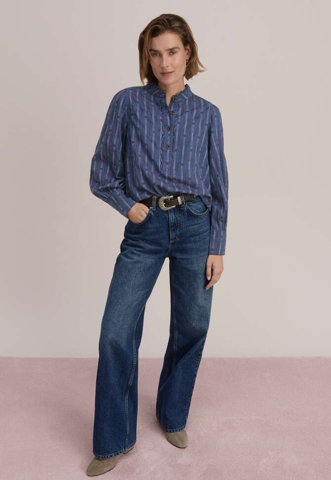 Bluse mit halber Knopfleiste, Kornblume/Pflaume, completeTheLook