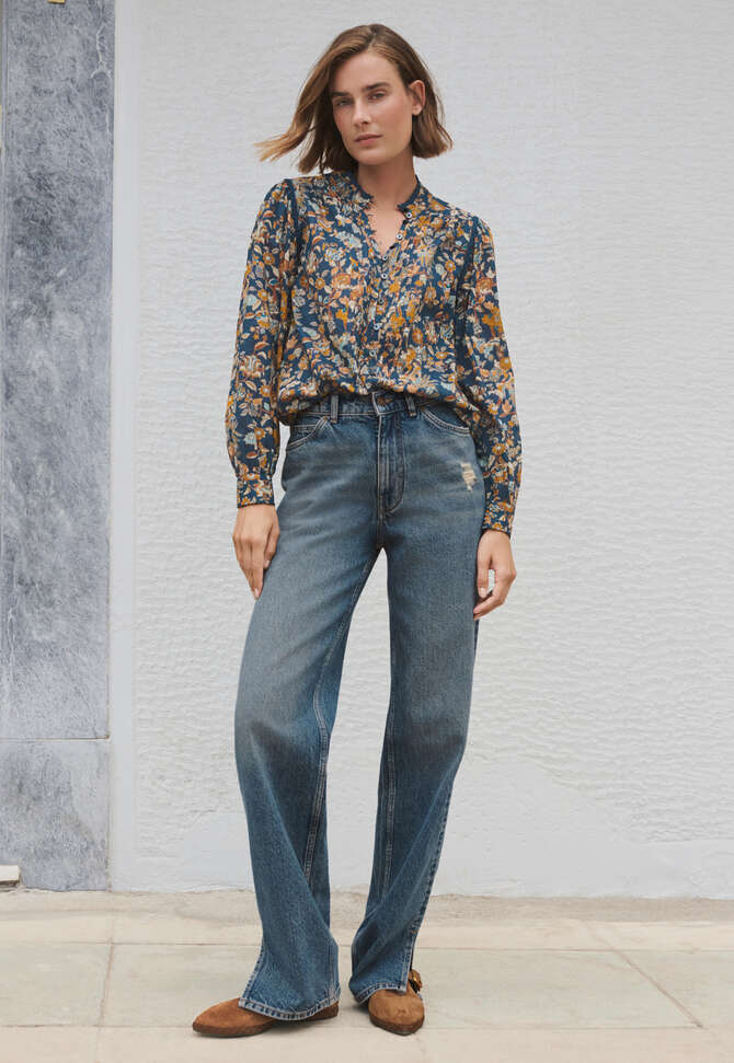 Bedruckte Bluse mit Faltendetails, Indigo/Ocker, completeTheLook