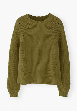 Pullover mit Zopfmuster&auml;rmeln, Dunkle Limette, webstill