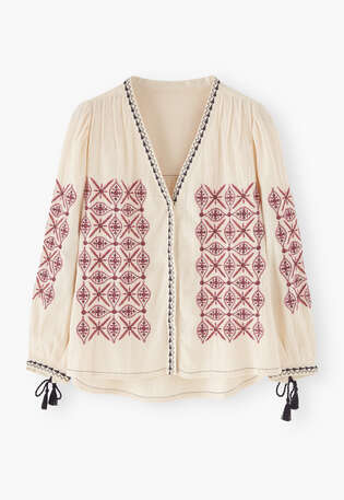 Bestickte Bluse, Ecru, webstill