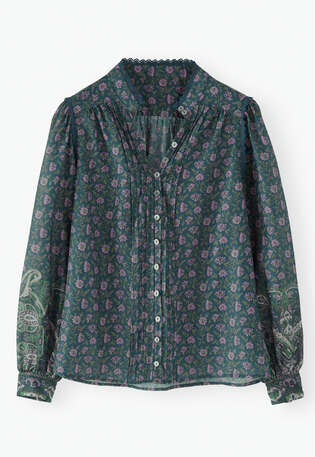 Bedruckte Bluse mit Faltendetails, Petrol/Lavendel, webstill