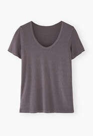 T-Shirt mit U-Ausschnitt, Dunkles Mauvegrau, webstill