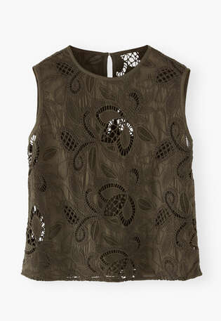 Broderie-Top, Dunkles Khaki, webstill