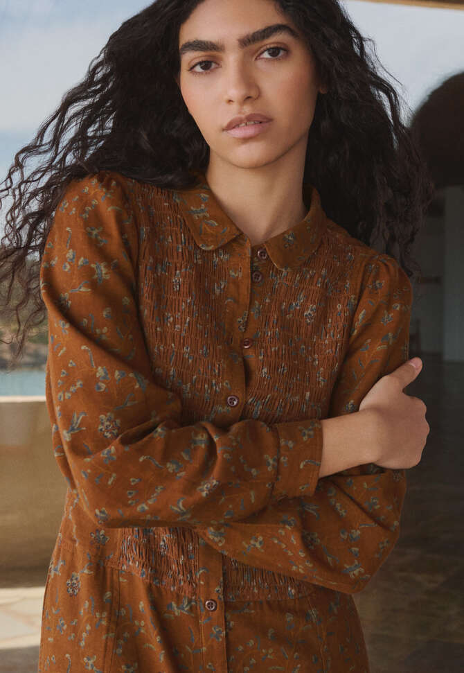 Bedrucktes Kleid mit Kr&auml;uselungen, Rost, completeTheLook