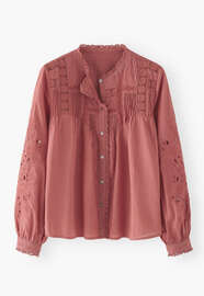Bluse mit Spitze und Biesen, Himbeerrosa, webstill
