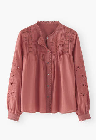 Bluse mit Spitze und Biesen, Himbeerrosa, webstill