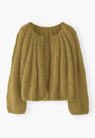 Handgestrickter Cardigan, Ockeroliv, webstill