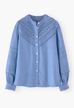 Chambray-Bluse mit Biesen, Kornblume, webstill