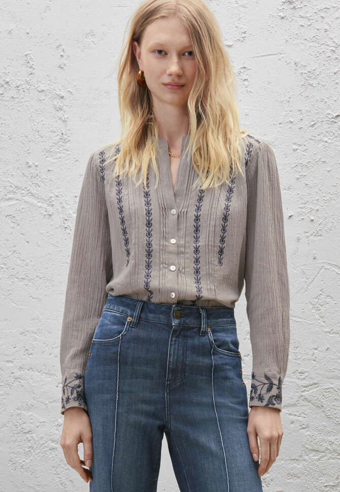 Bestickte Bluse, Warmes Grau, completeTheLook