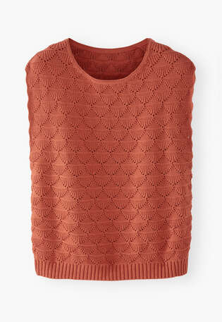 &Auml;rmelloser Musterpullover, Gew&uuml;rzrot, webstill