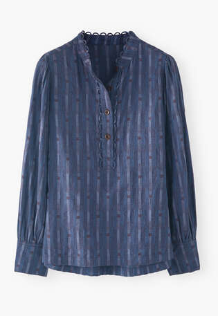 Bluse mit halber Knopfleiste, Kornblume/Pflaume, webstill