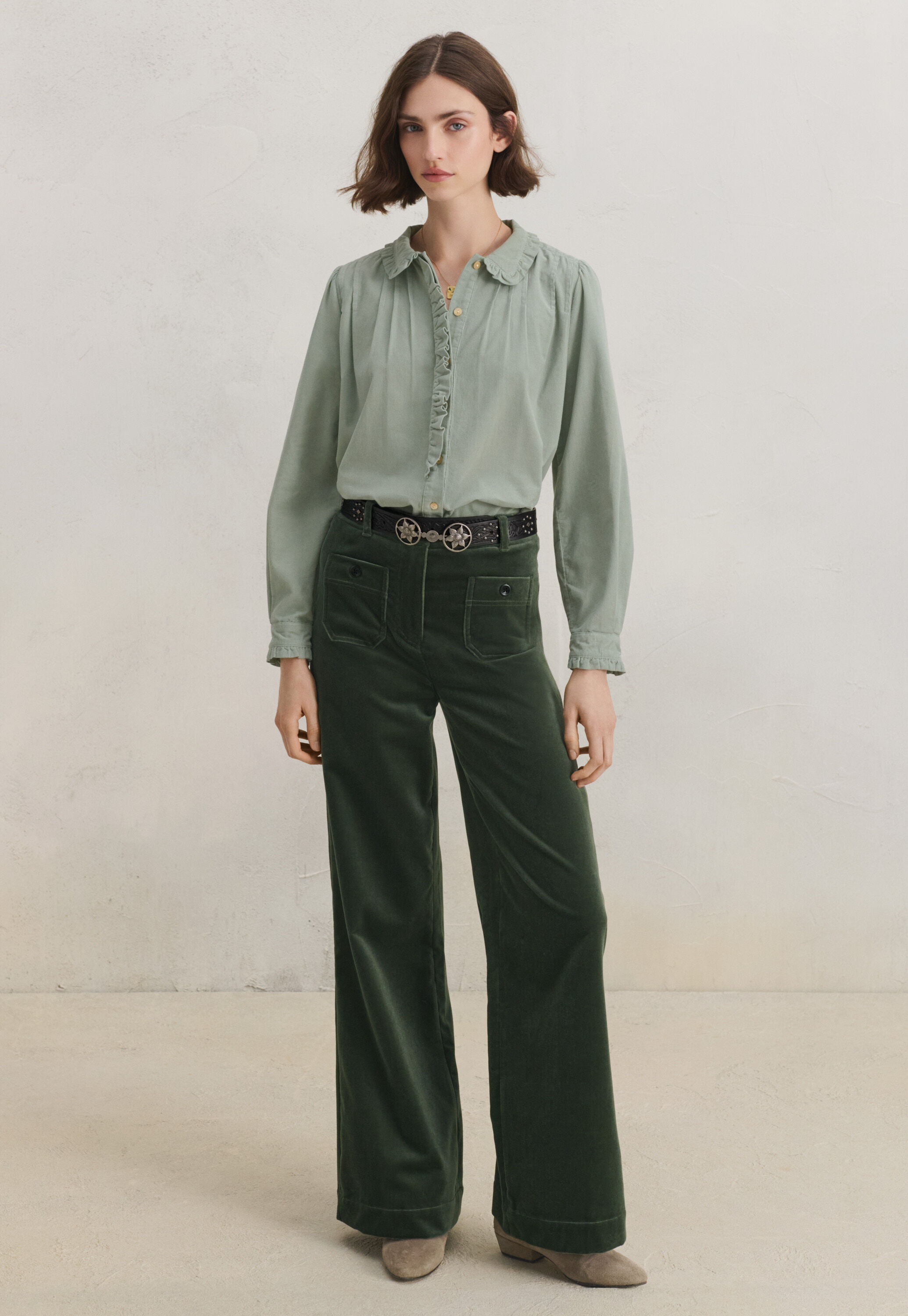 Velvet wide-leg trousers