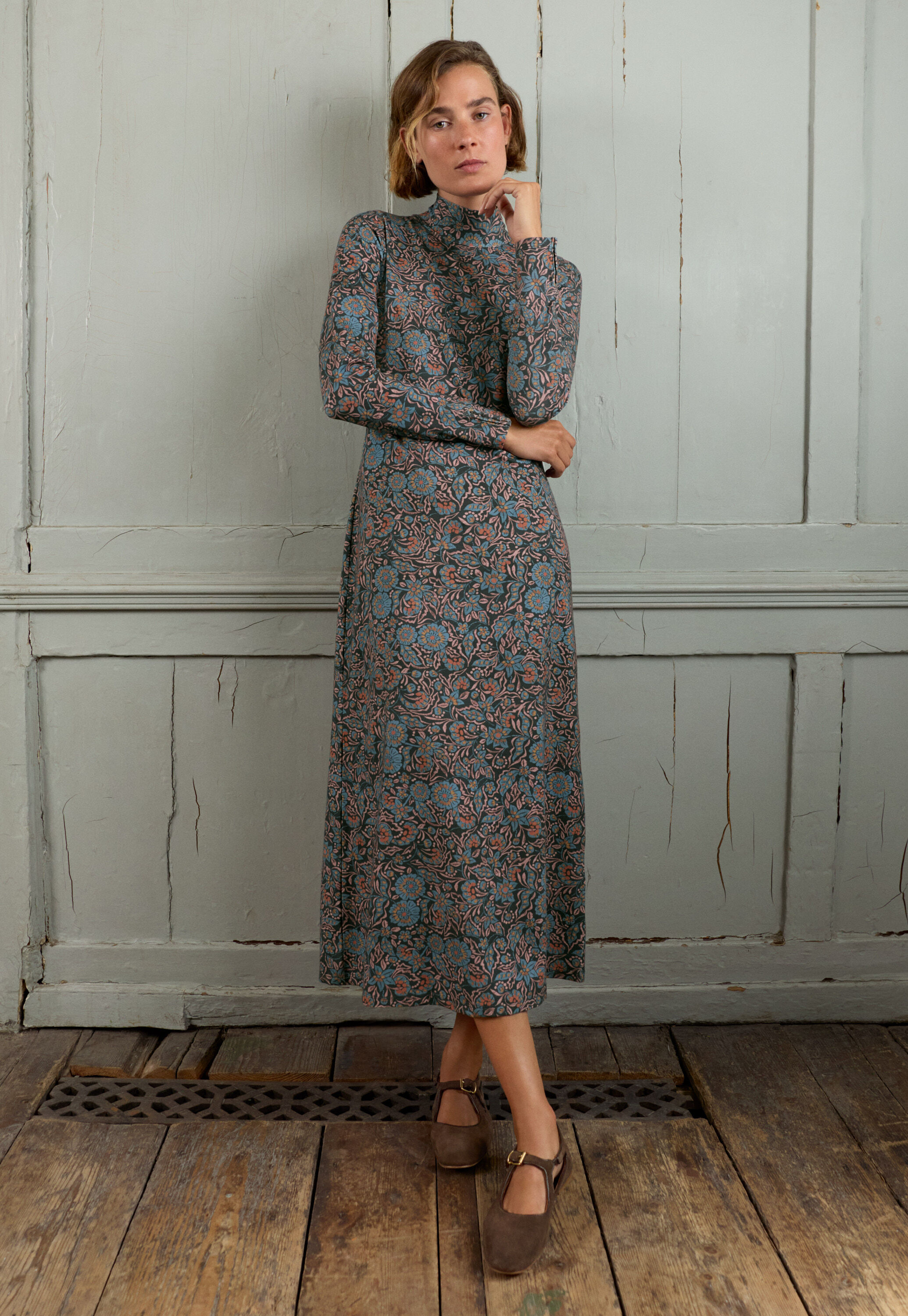 Printed jersey dress, Charcoal rose, large