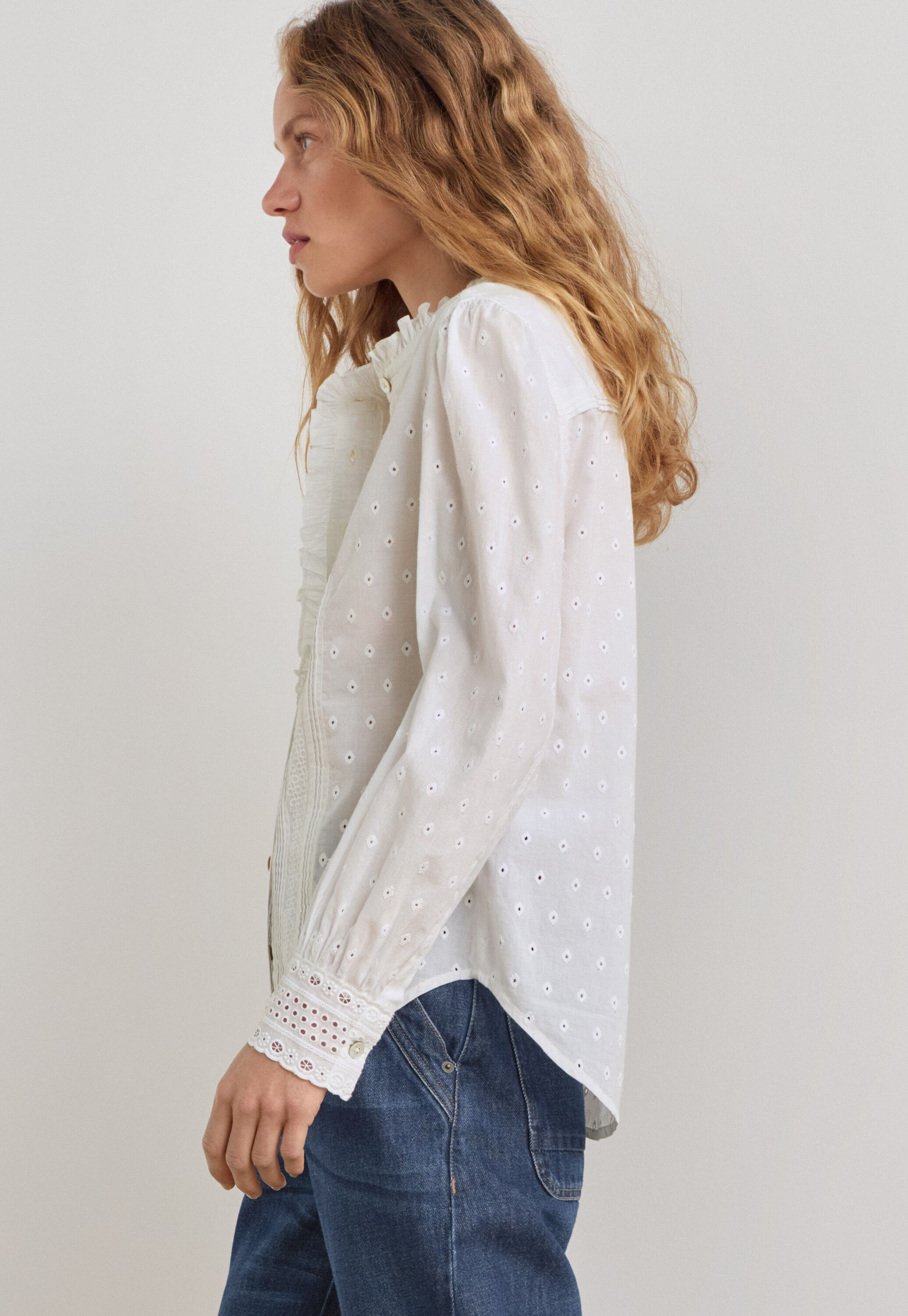 Ruffle-neck broderie blouse